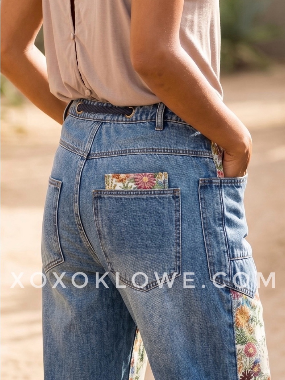 Oli & Hali Floral Jacquard Barrel Jeans | Moxie Rope Tie Denim Pants - Picture 5 of 12